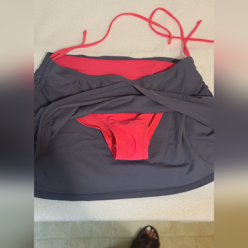 Color Block Tankini Set w/Swim Skirt Pink&Gray Size S - Picture 5 of 16